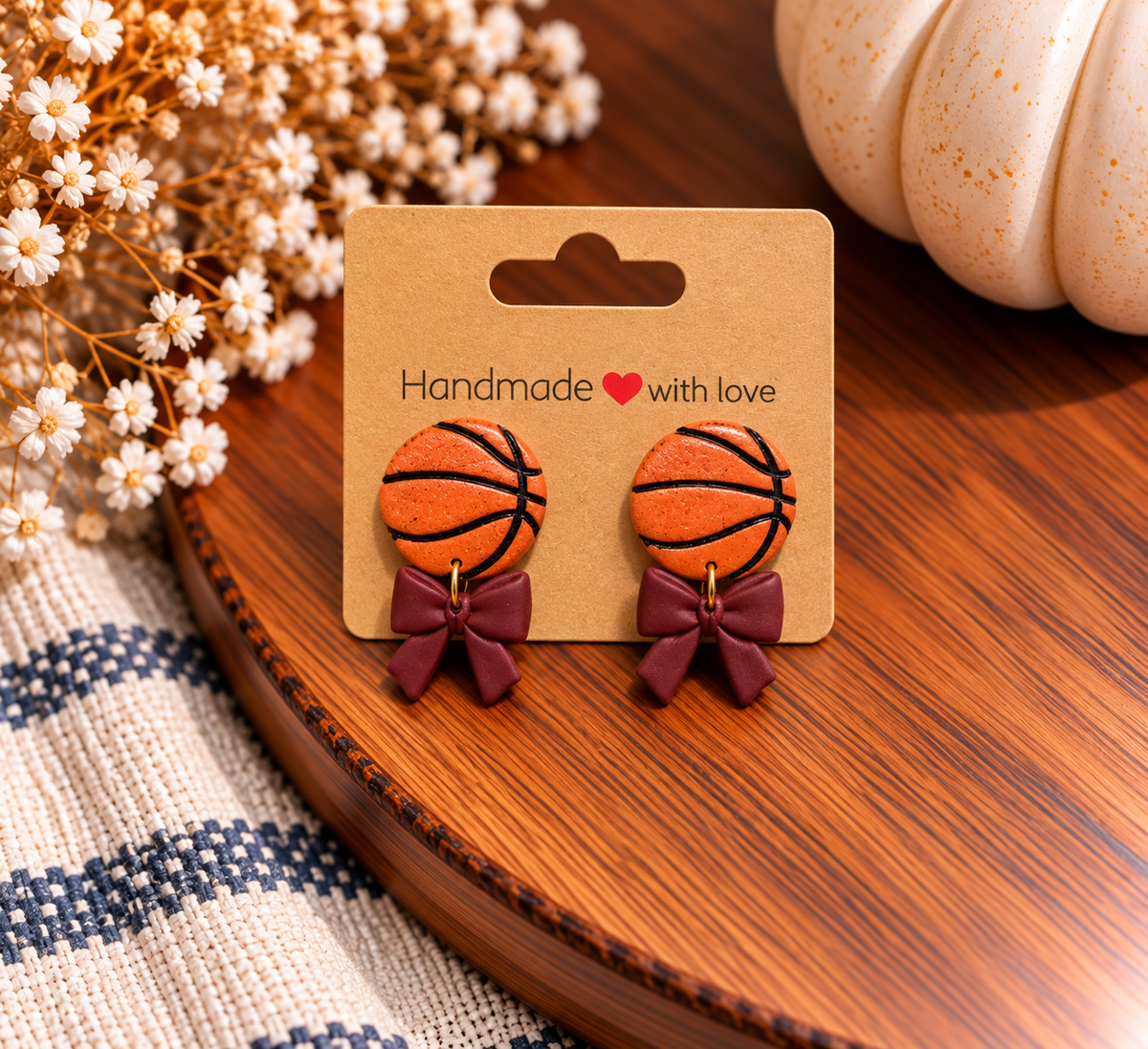 Basketball Bow Drop Clay Earrings
