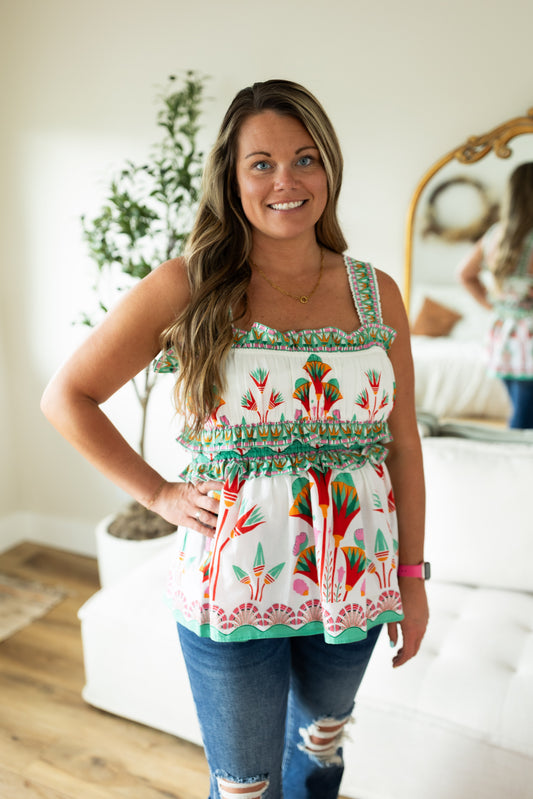 Printed Smocked Sleeveless Top with Square Neck, Ruffle Trim & Peplum Hem