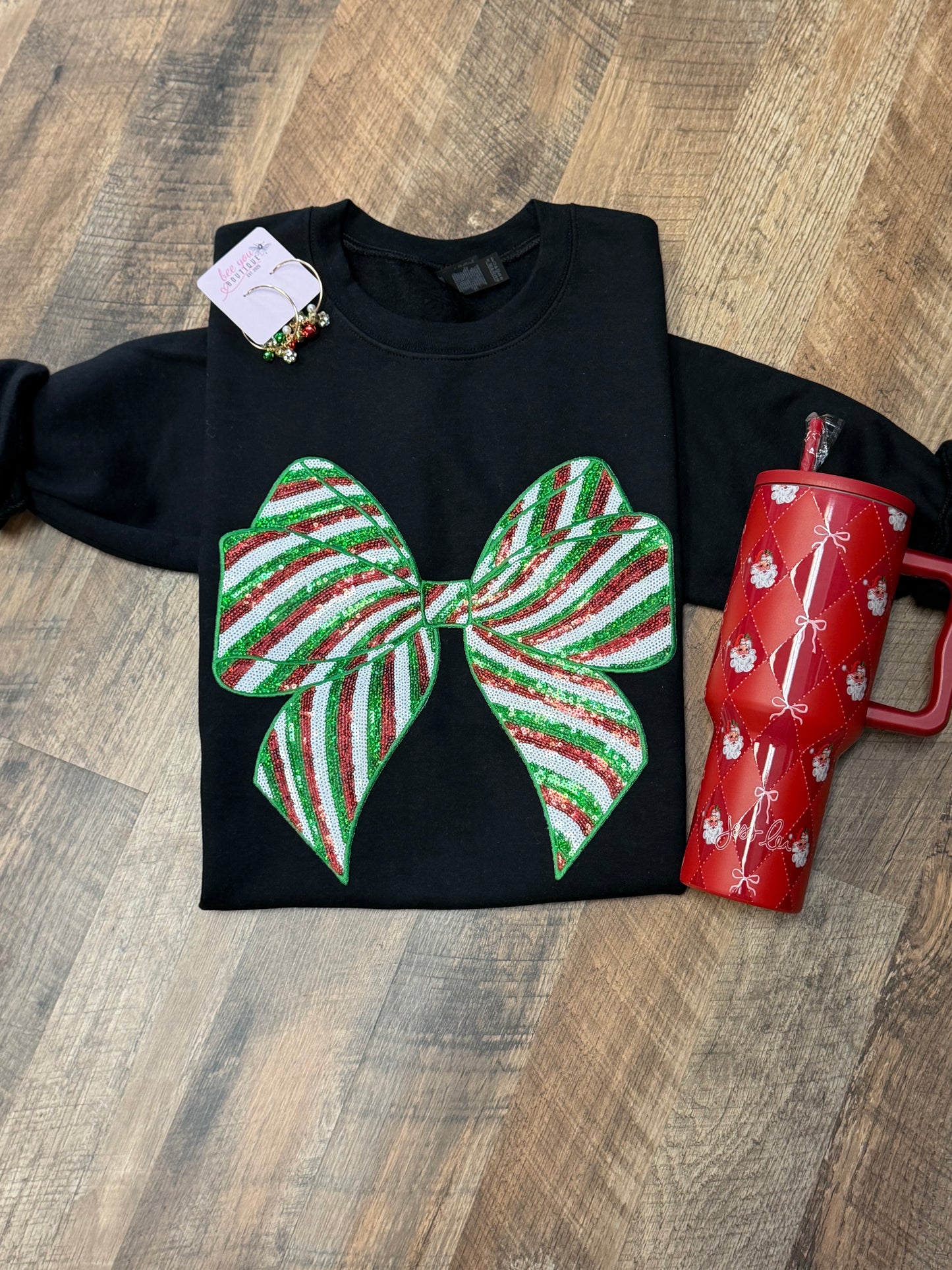 Black Crewneck with Sequin Bow Striped Patch | Festive Statement Sweatshirt