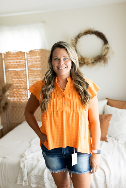 Orange Flutter Sleeve Pintuck Button Front Top | Lightweight Blouse