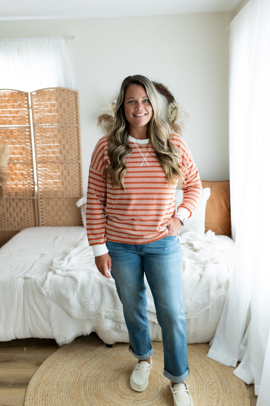 Burnt Orange Striped Raised Rib Round Neck Pullover