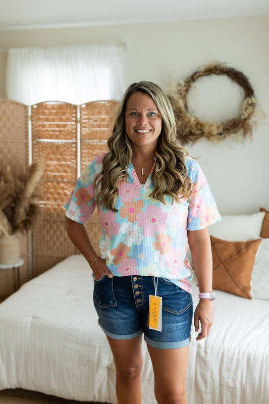 Mint Floral Ribbed V-Neck Top | Multi-Color Flower Print Short Sleeve Shirt