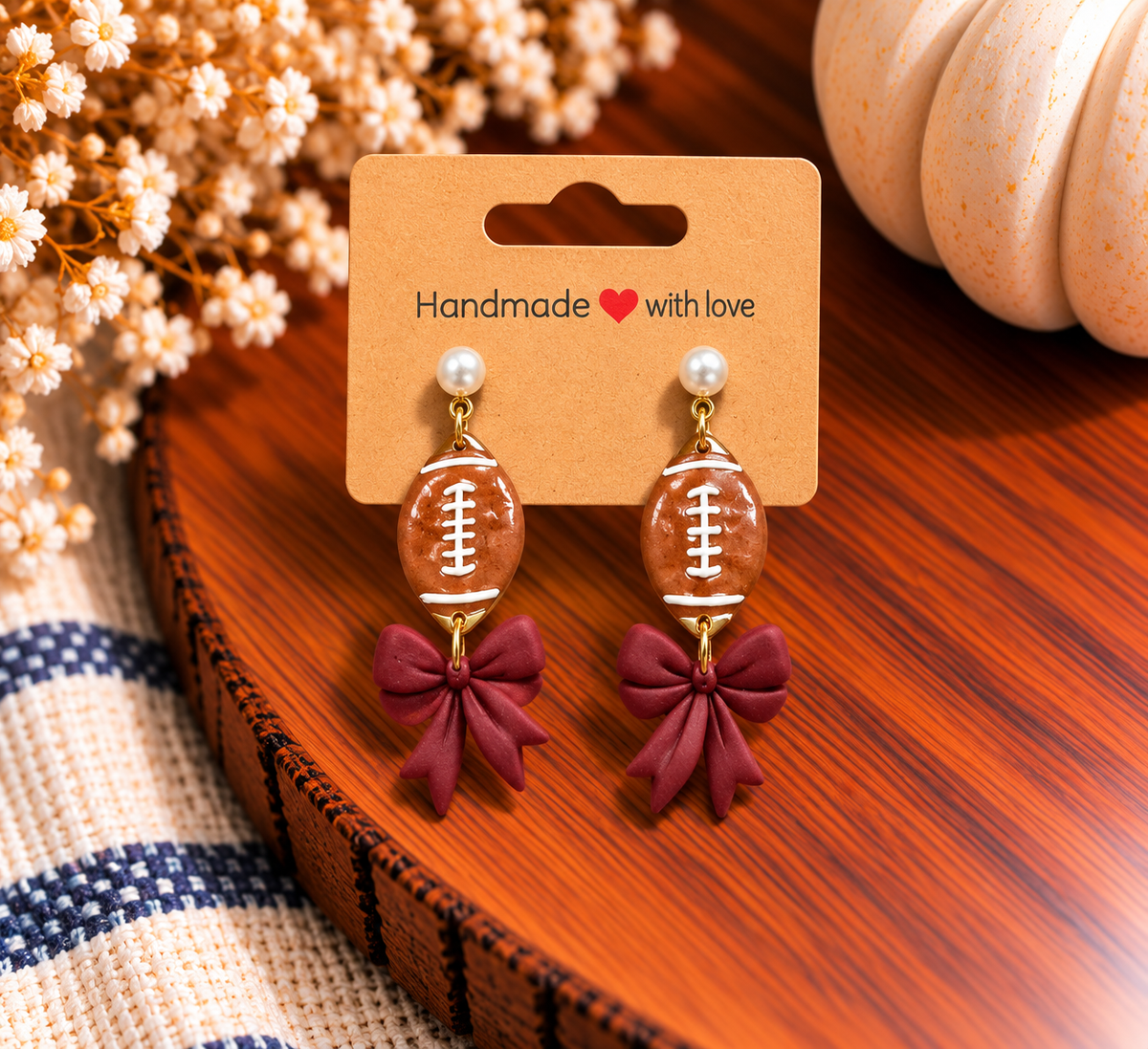 Football Bow Drop Clay Earrings