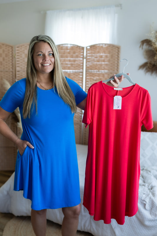 Short Sleeve A Line Dress with Round Hem and Pockets | Casual Flowy Everyday Dress