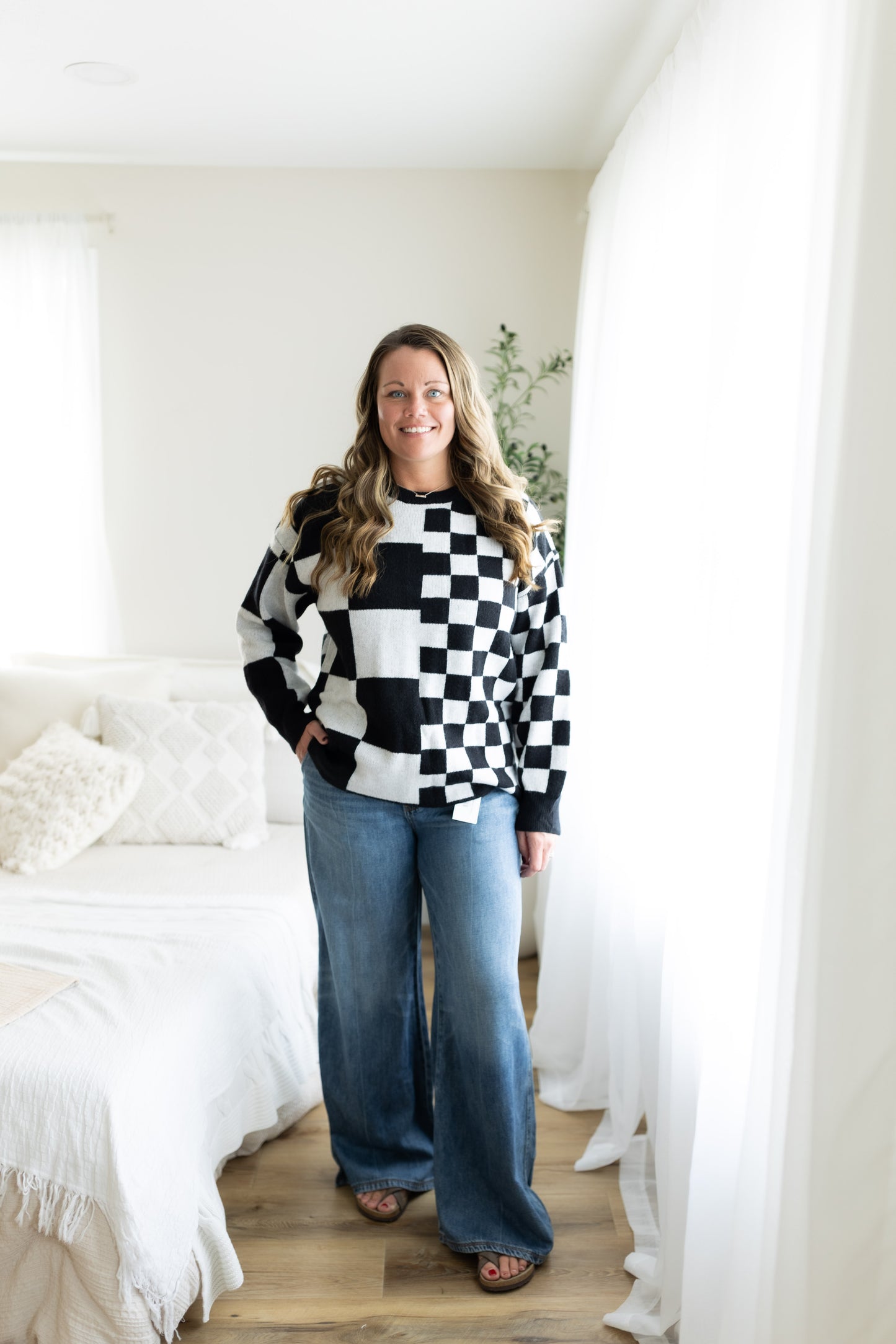 Off the Grid Sweater - Black & White Checkerboard Oversized Knit Pullover