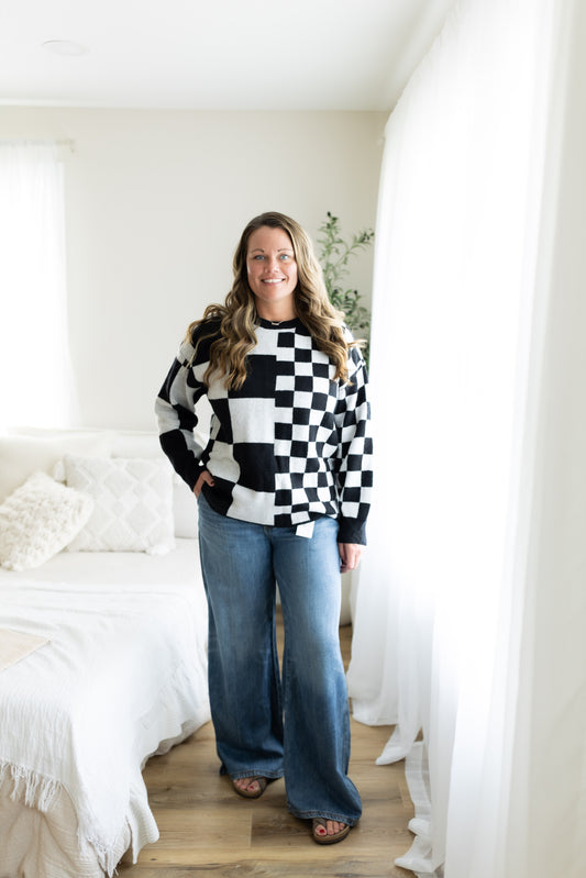 Off the Grid Sweater - Black & White Checkerboard Oversized Knit Pullover