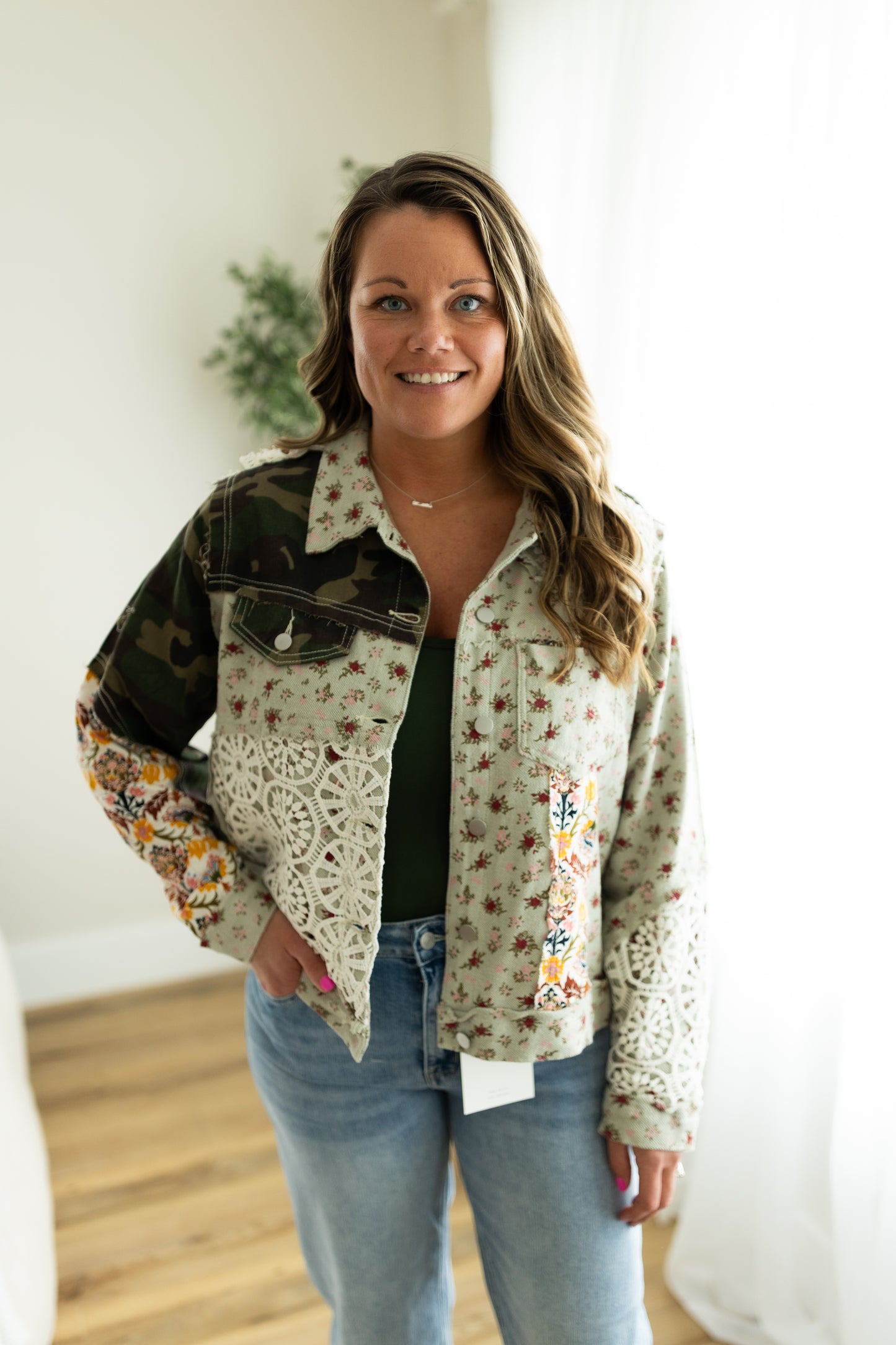 The Olive Lane Jacket – POL Mixed Lace & Denim Detail
