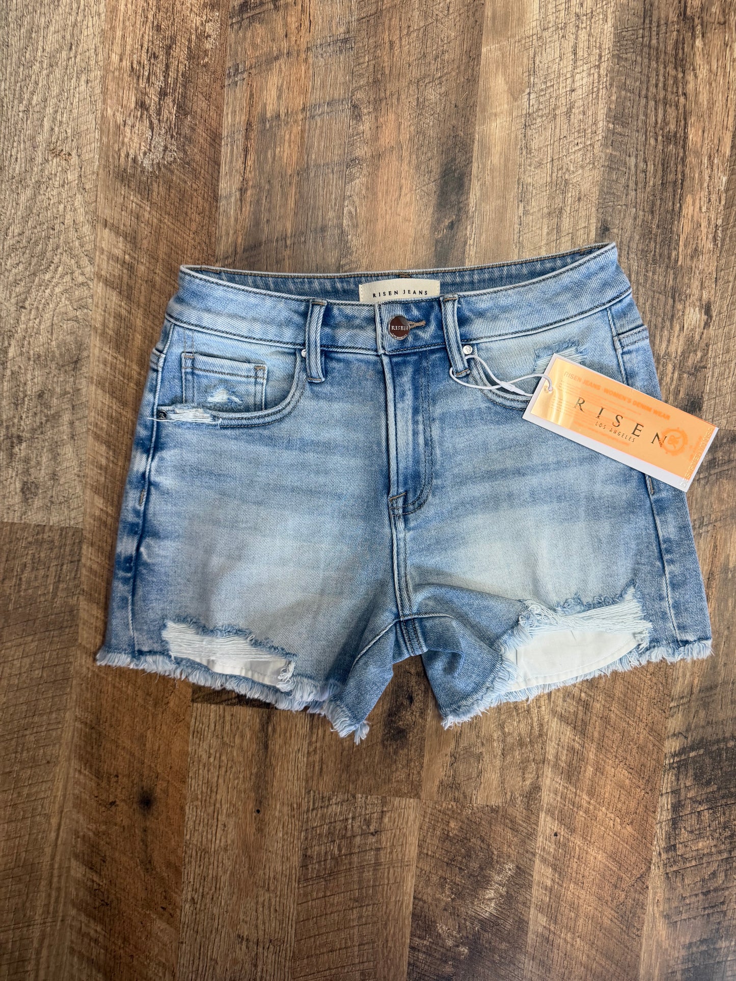 Risen High Rise Peekaboo Lining Shorts | Stretch Denim Shorts