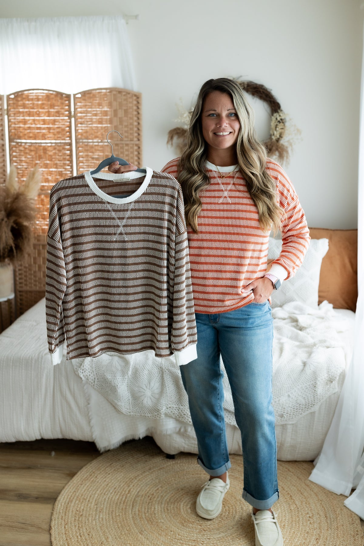 Brown Striped Raised Rib Round Neck Pullover