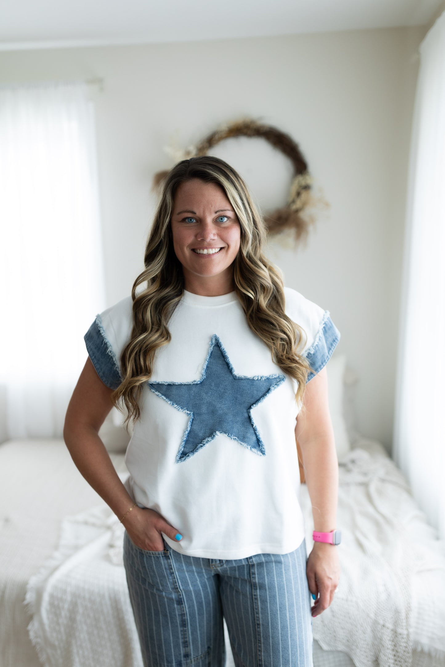 Off White Denim Combo Top with Star Detail & Denim Sleeves