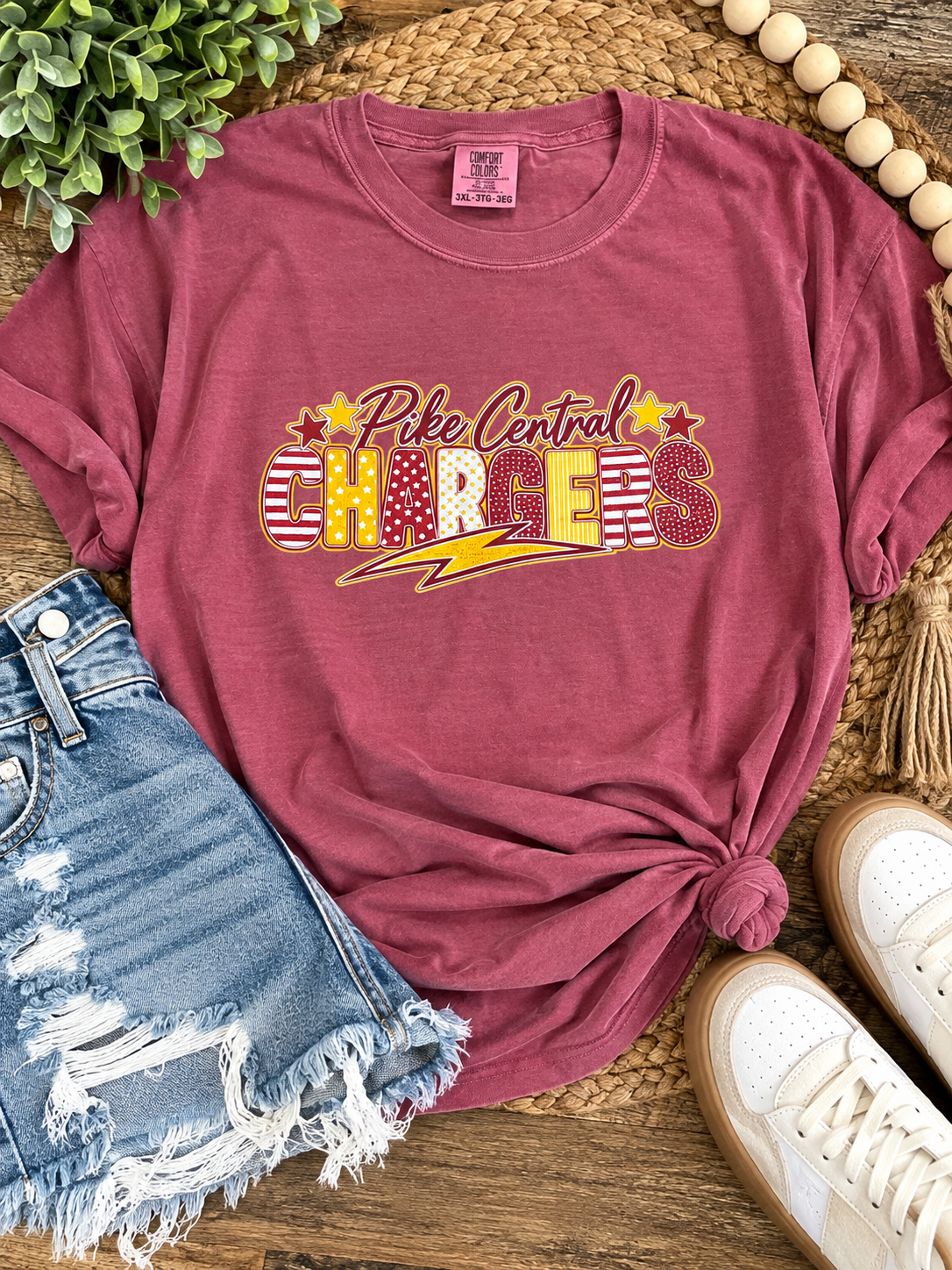 Pike Central Chargers Patterned Letter Comfort Colors T-Shirt | Crimson