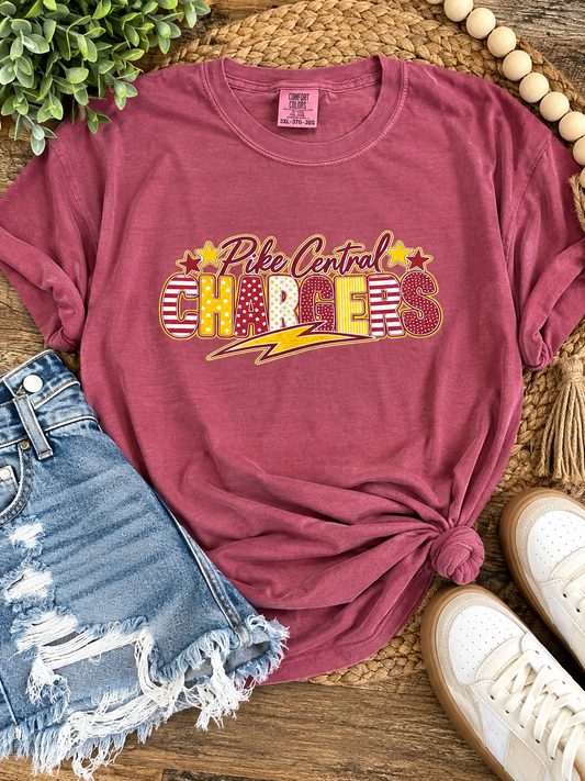 Pike Central Chargers Patterned Letter Comfort Colors T-Shirt | Crimson