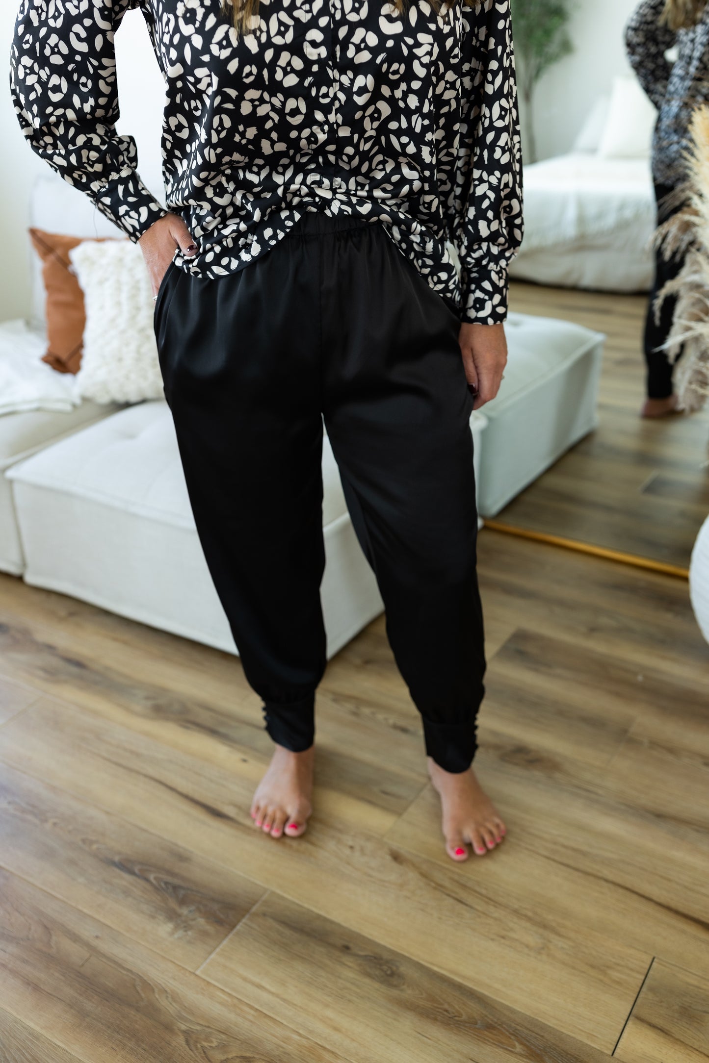 The Luxe Button Trousers – Silky Black Woven Pants with Ankle Detail