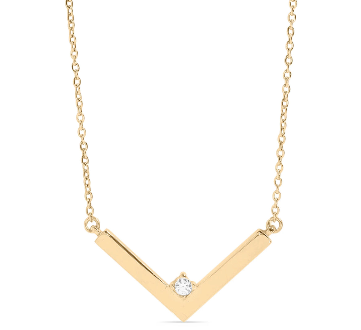 18K PVD Coated Stainless Steel V-Shaped Pendant Necklace with CZ Accent - In Gold