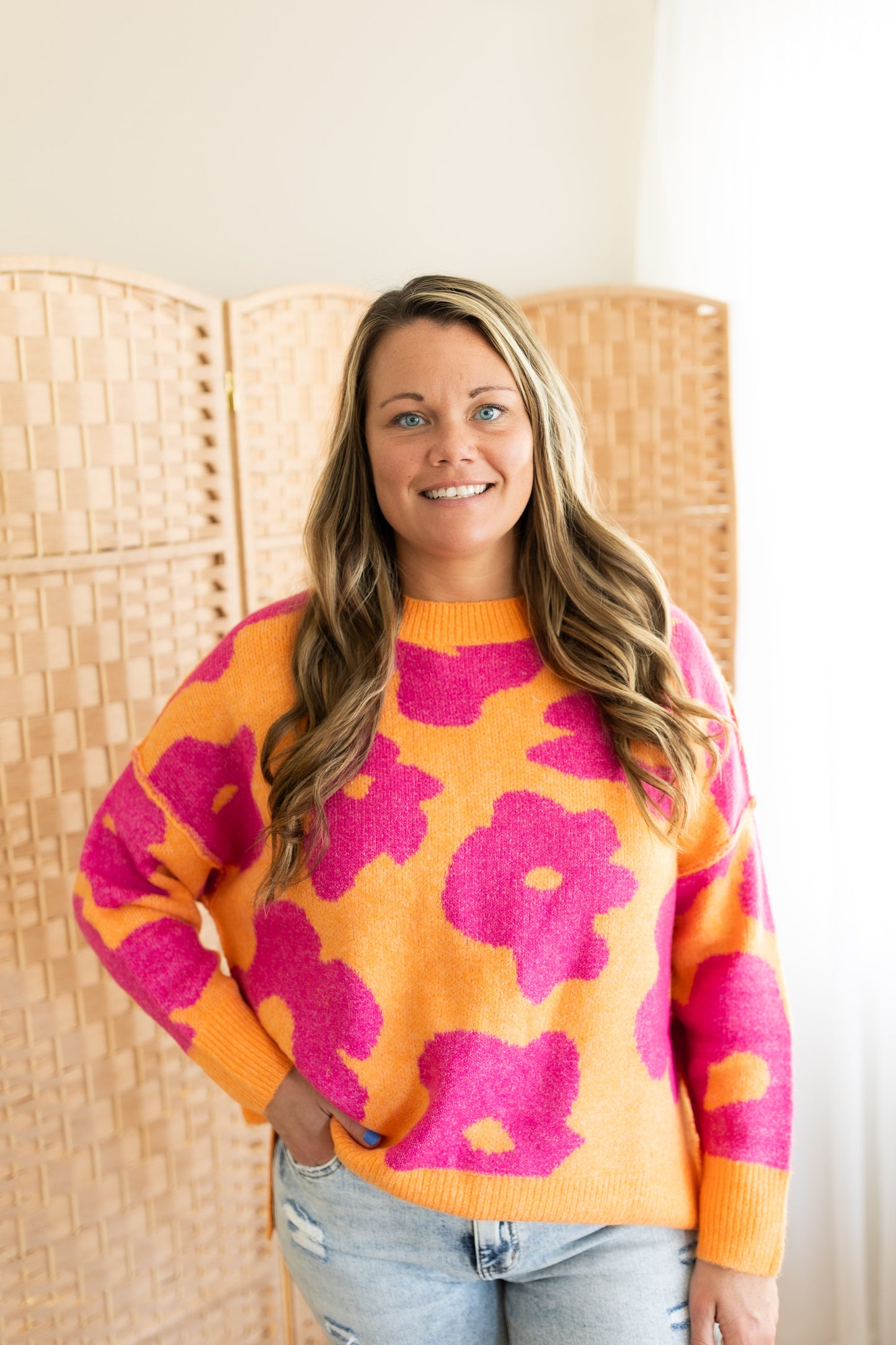 Floral Long Sleeve Loose Fit Knit Sweater