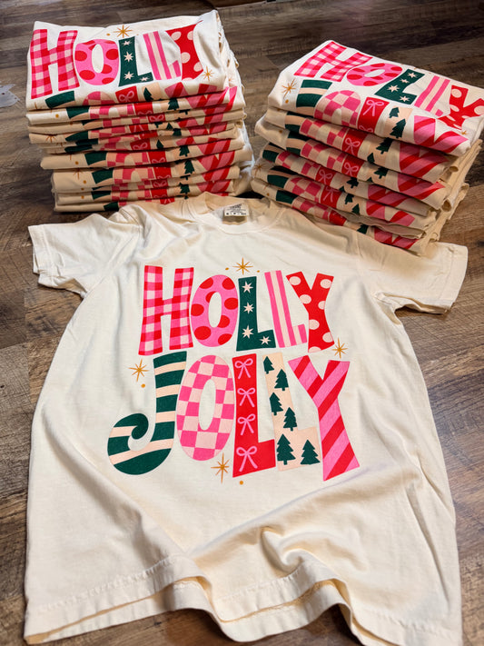 Holly Jolly Patterned Letter Christmas Graphic Tee