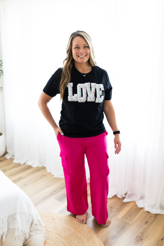 Risen Fuchsia Relaxed Cargo Wide Leg French Terry Pants | Comfy Utility Style