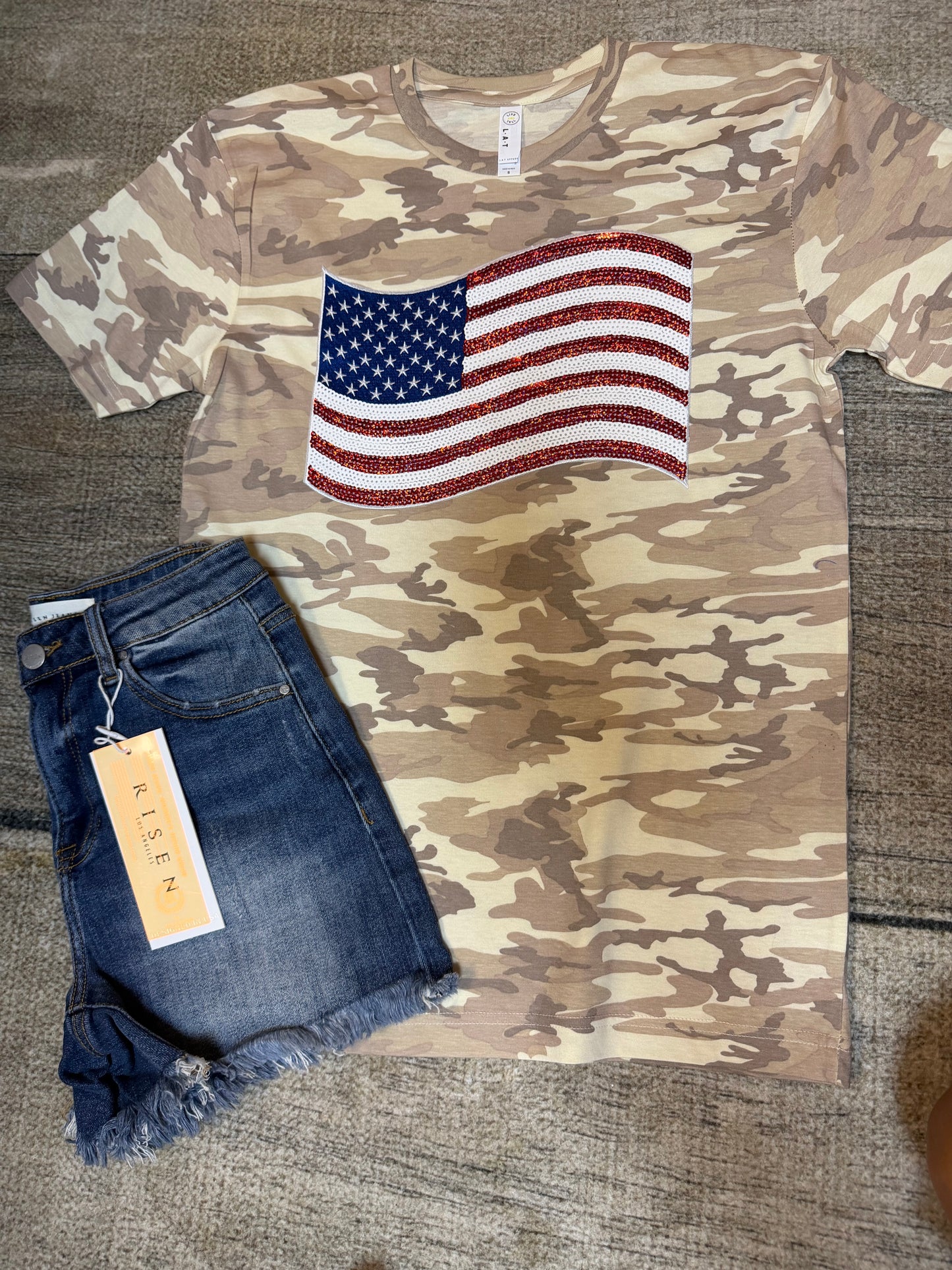 Light Camo American Flag Sequin Patch Tee | Patriotic Camo T-Shirt