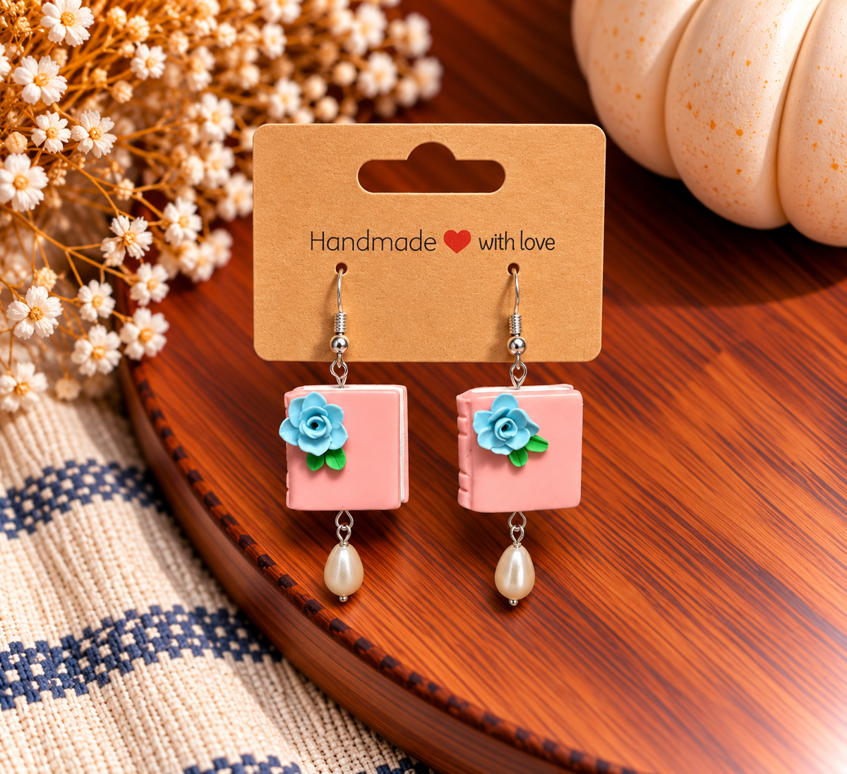 Pink Book & Blue Rose Pearl Drop Clay Earrings