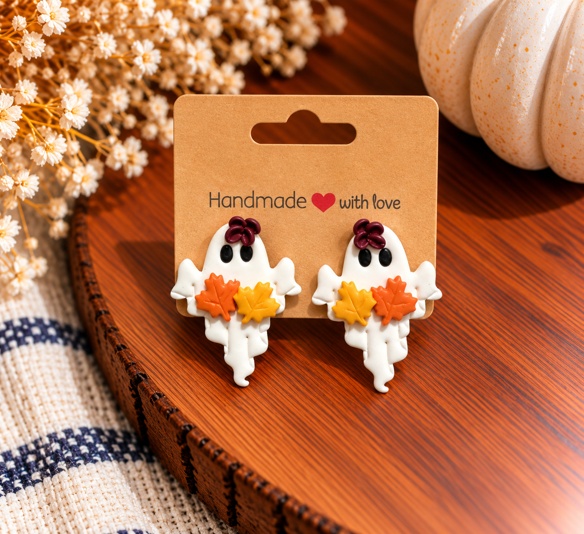Fall Leaf Ghost Clay Stud Earrings