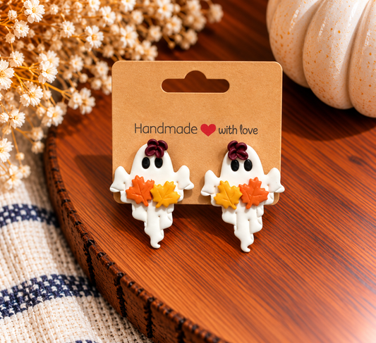 Fall Leaf Ghost Clay Stud Earrings