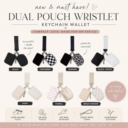 Dual Pouch Wristlet Keychain Wallet – Compact Zip Coin Purse & Card Holder