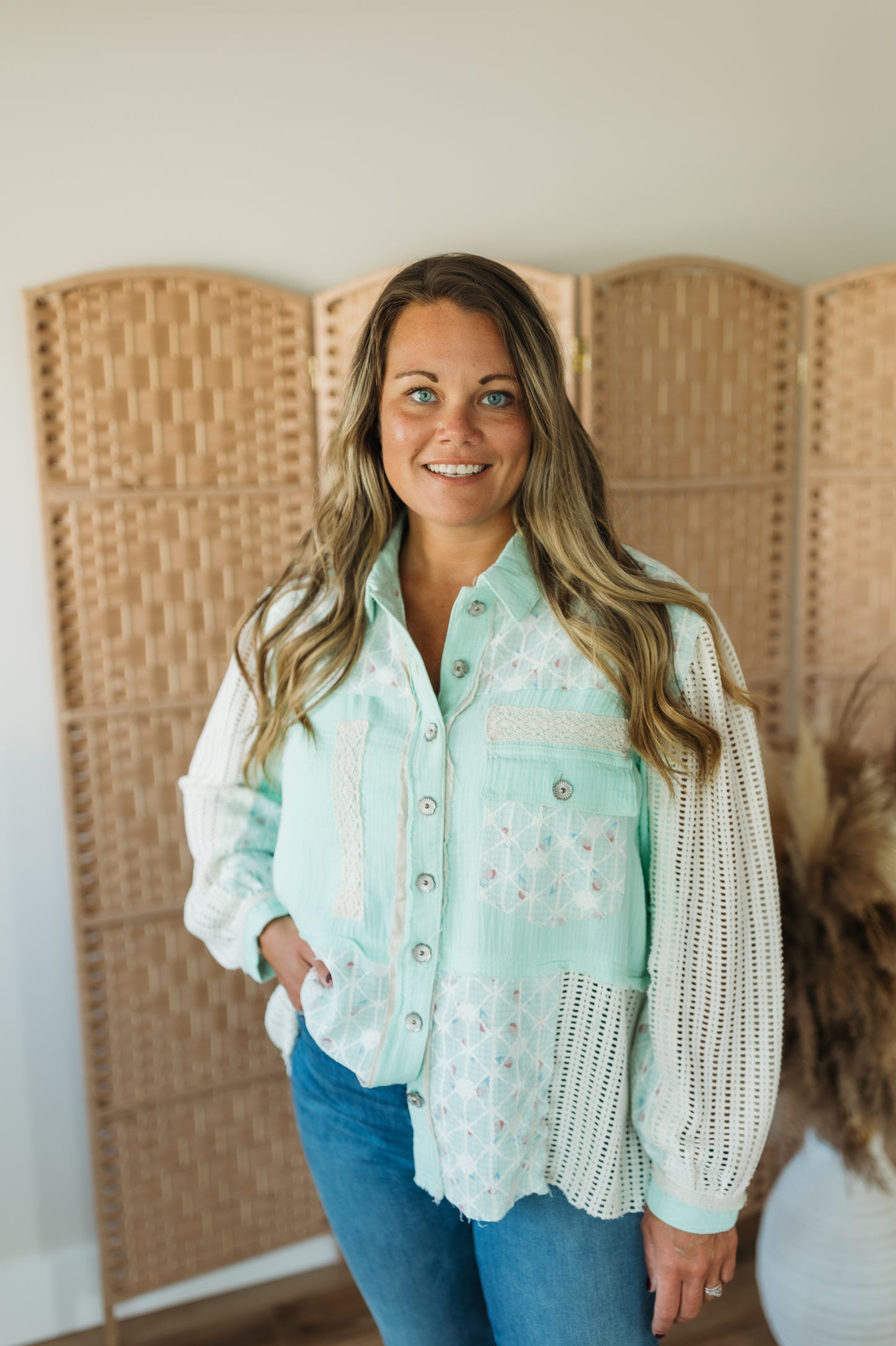 Whimsy Breeze Mint Crochet Patchwork Jacket