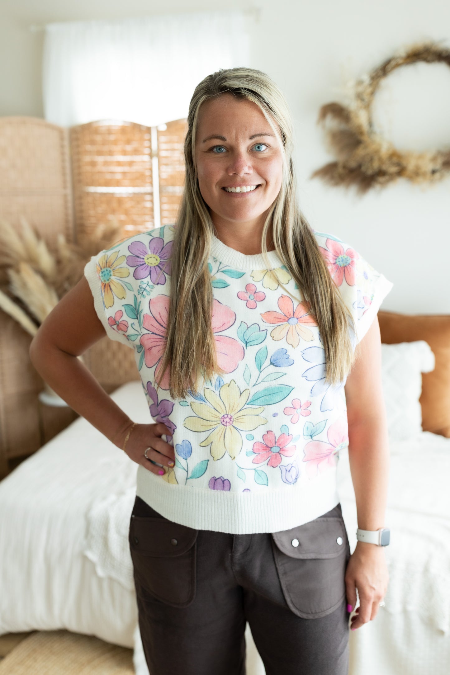 Flower Artwork Printed Knit Top | Floral Short Sleeve Boutique Shirt