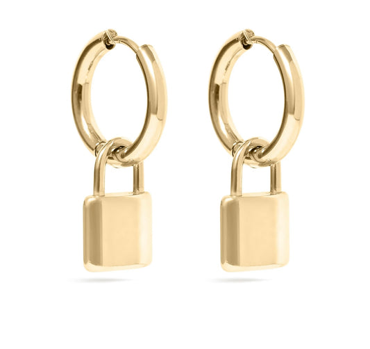 18K Gold PVD Stainless Steel Padlock Pendant Hoop Earrings - In Gold