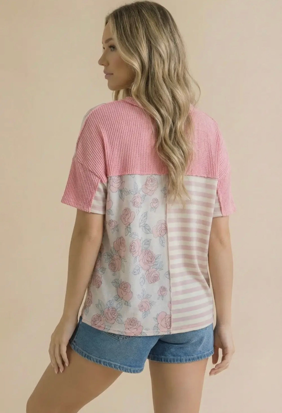 Floral Print French Terry Color Block Top | V-Neck Short Sleeve Knit Shirt