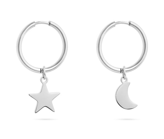 18K Gold PVD Steel Star & Moon Earrings - In Silver