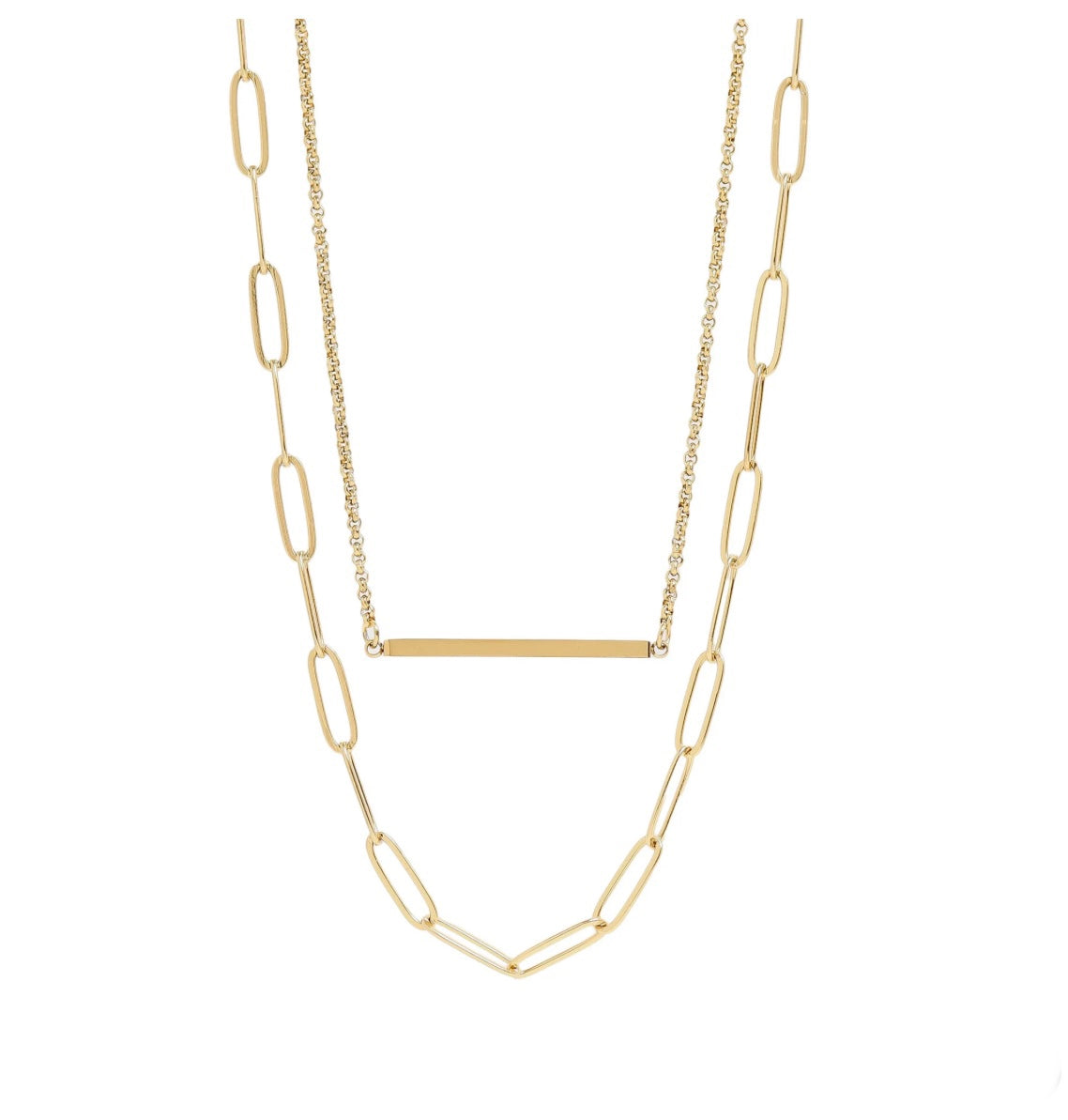 18K Gold PVD Stainless Steel Paperclip Layered Blank Bar Necklace