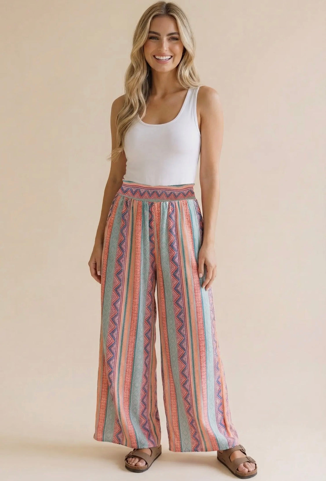 Smocked Waist Wide Leg Patchwork Print Pants | Boho Woven Pants with Pockets