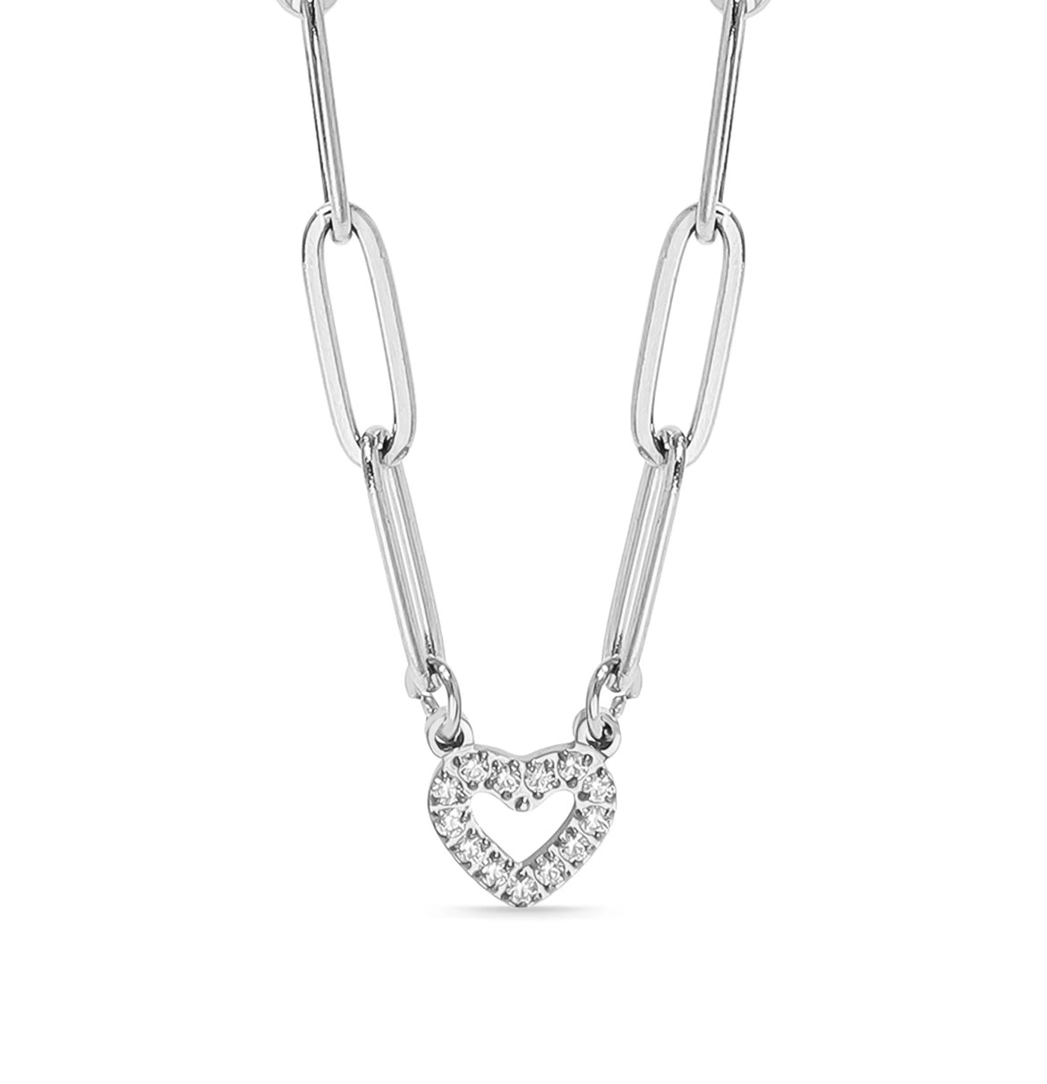 18K Gold PVD Stainless Steel Stone "Heart" Paperclip Chain Necklace - In Silver