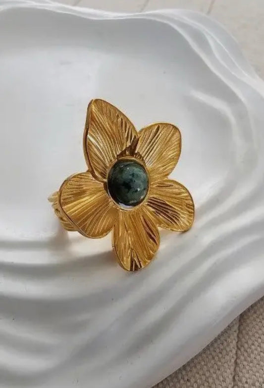 Trendy Large Flower Ring in Gold with Blue Center, 18K Tarnish Free Stainless Steel