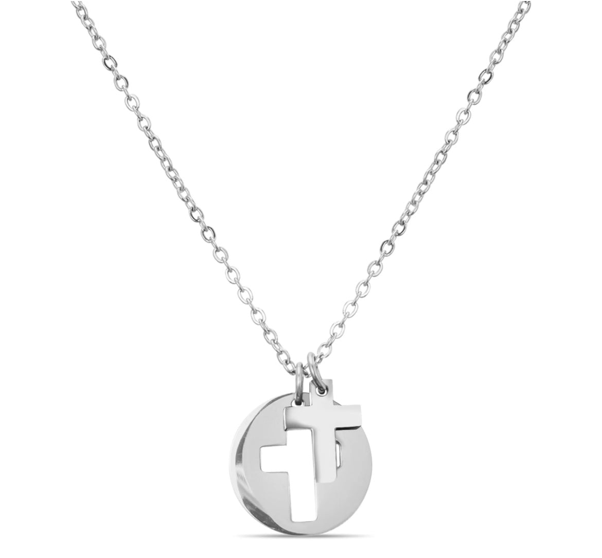 Stainless Steel PVD Coated Cross cutout Necklace with 2" Extension - In Silver