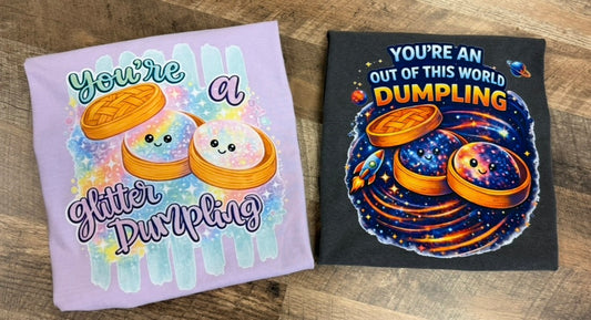 Kids Comfort Colors Glitter Dumpling Tees – Cute Faux Glitter Graphic Shirts in Purple or Black