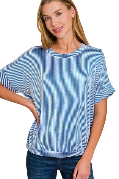 Corded Rib Short Sleeve Top – Ocean Blue & Violet