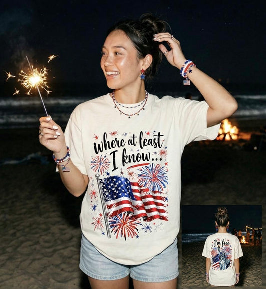 Where At Least I Know I’m Free Patriotic Tee | Comfort Colors USA Flag Fireworks Shirt (Ivory & Blue Jean)
