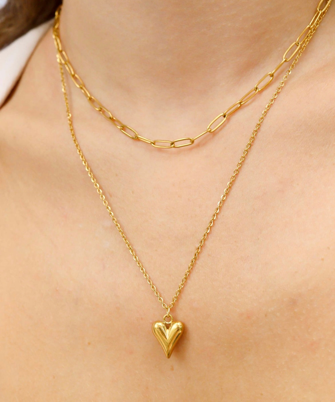 18K Gold PVD Stainless Steel Loop and Paperclip Layered Chain Heart Charm Necklace - In Silver