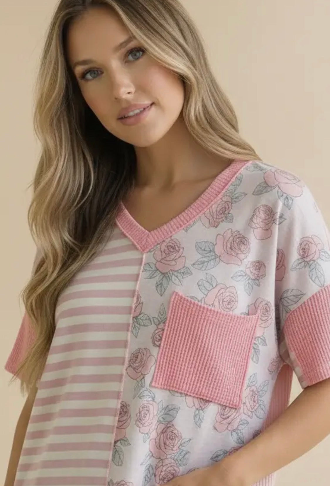 Floral Print French Terry Color Block Top | V-Neck Short Sleeve Knit Shirt