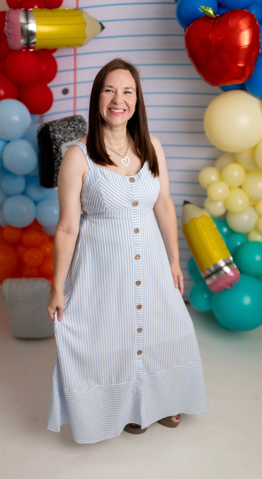 Light Blue Striped Sweetheart Button Down Midi Dress | Sleeveless Adjustable Strap Dress