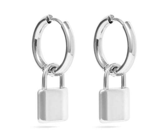 18K Gold PVD Stainless Steel Padlock Pendant Hoop Earrings - In Silver