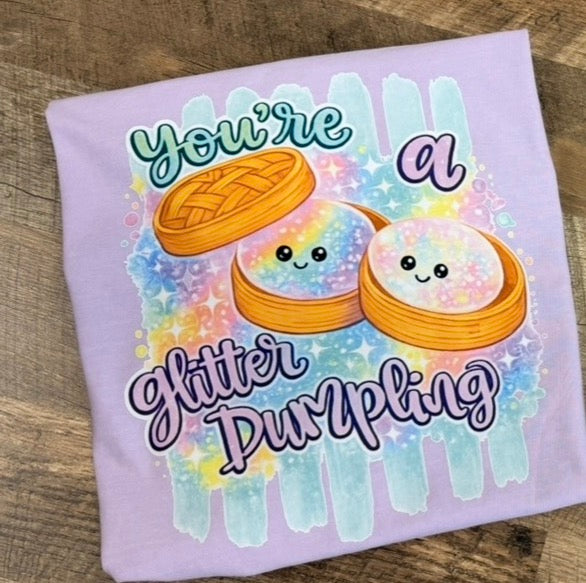 Kids Comfort Colors Glitter Dumpling Tees – Cute Faux Glitter Graphic Shirts in Purple or Black