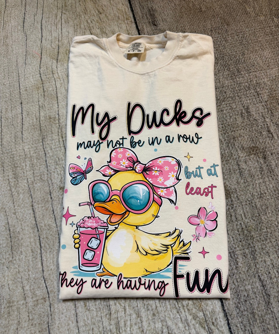 Comfort Colors Party Duck Tee – “My Ducks May Not Be in a Row” Funny Graphic T-Shirt