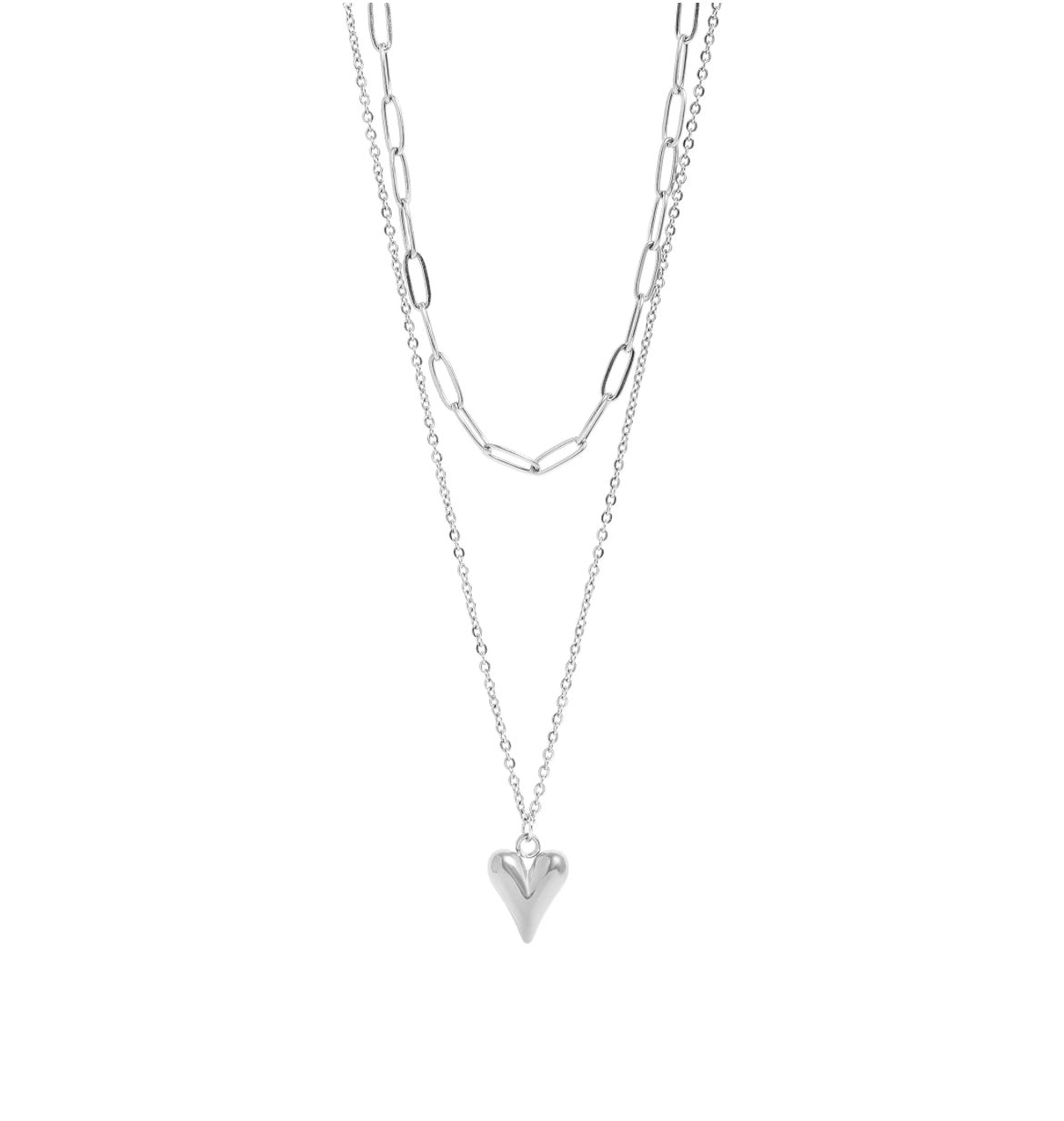 18K Gold PVD Stainless Steel Loop and Paperclip Layered Chain Heart Charm Necklace - In Silver