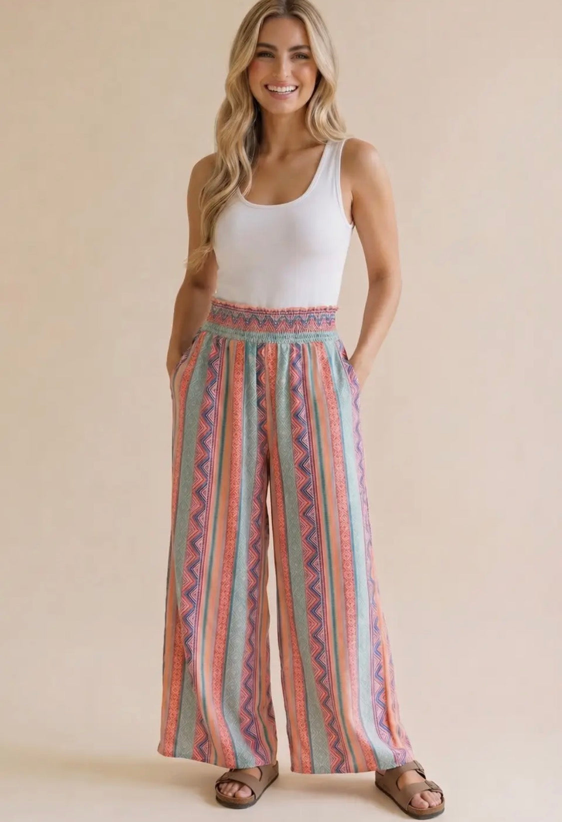 Smocked Waist Wide Leg Patchwork Print Pants | Boho Woven Pants with Pockets