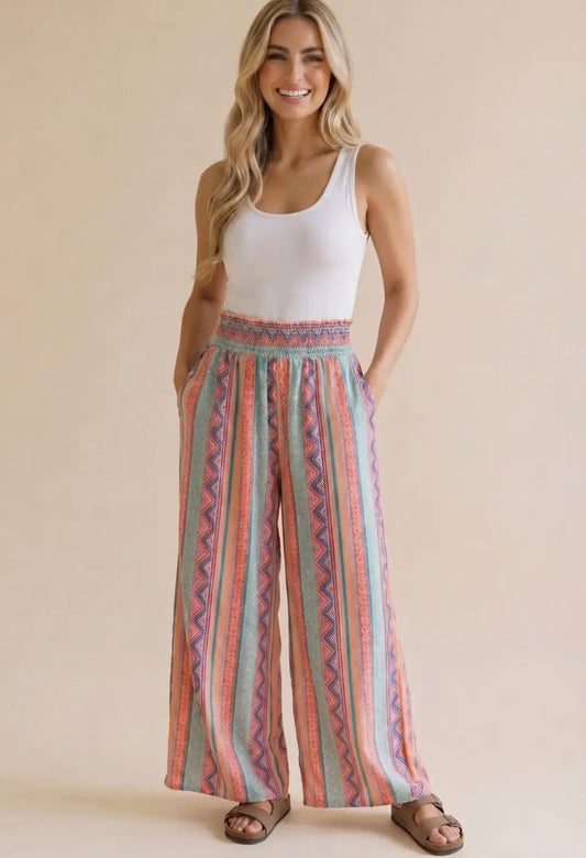 Smocked Waist Wide Leg Patchwork Print Pants | Boho Woven Pants with Pockets