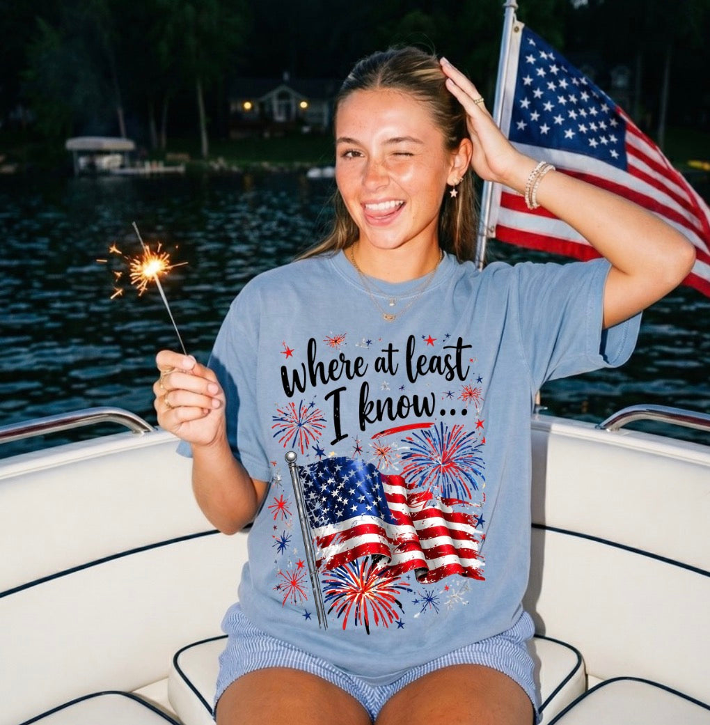 Where At Least I Know I’m Free Patriotic Tee | Comfort Colors USA Flag Fireworks Shirt (Ivory & Blue Jean)