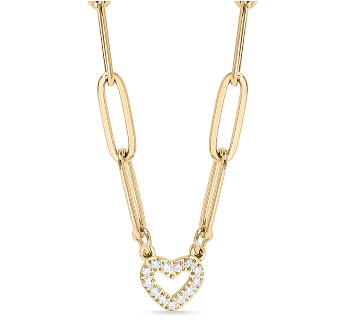 18K Gold PVD Stainless Steel Stone "Heart" Paperclip Chain Necklace - In Gold